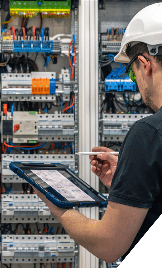 An electrician inspecting electrical wiring and connections for safety and functionality in a residential setting