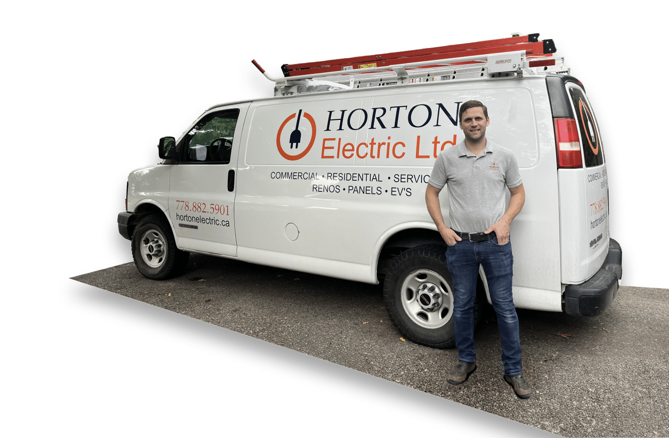A man stands beside a Horton Electric service van, showcasing professionalism and readiness for electrical work
